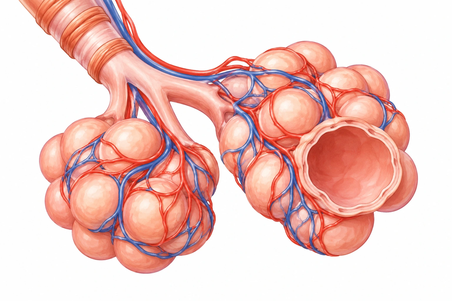 Illustration of small air sacs in the lungs, surrounded by blood capillaries, with one air sac cut open.