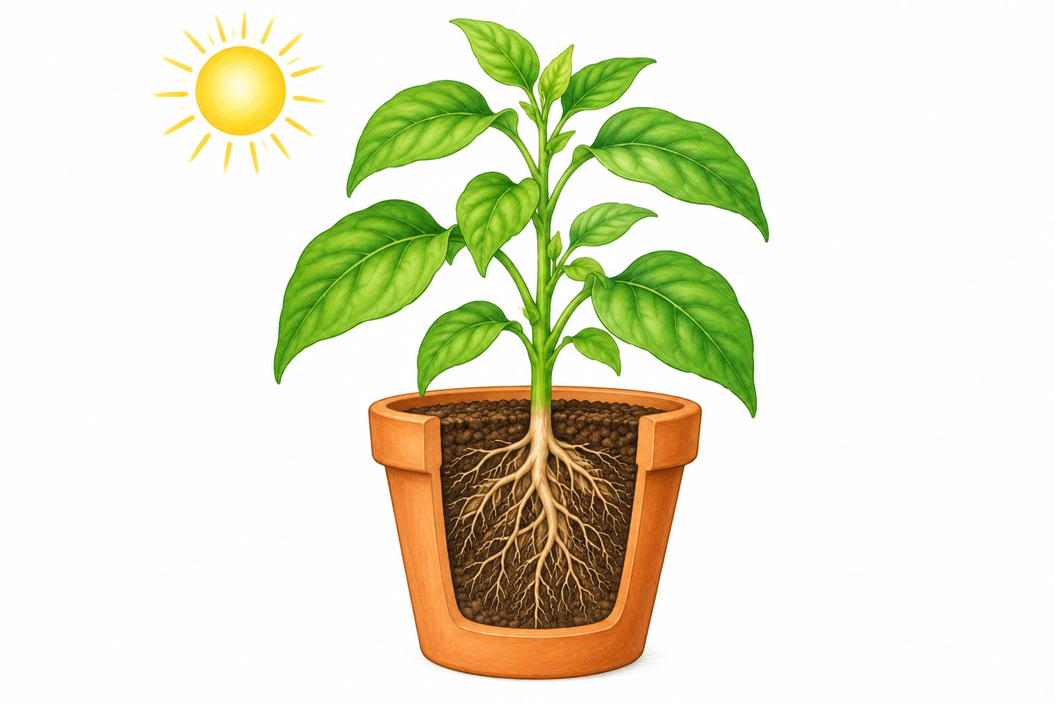 A leafy plant with a cutaway pot showing its roots.