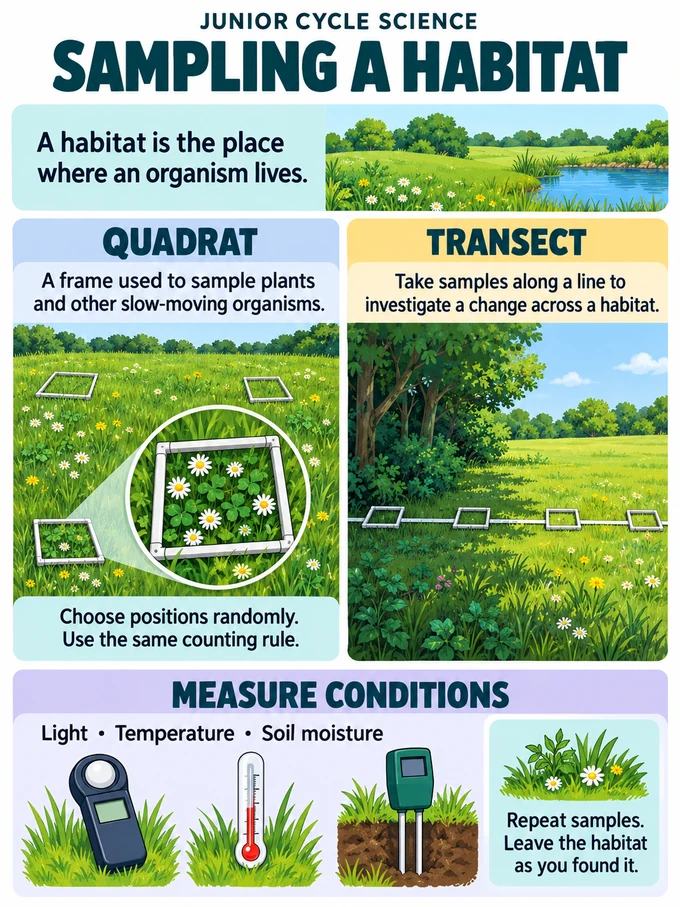 Sampling a habitat. A habitat is the place where an organism lives.