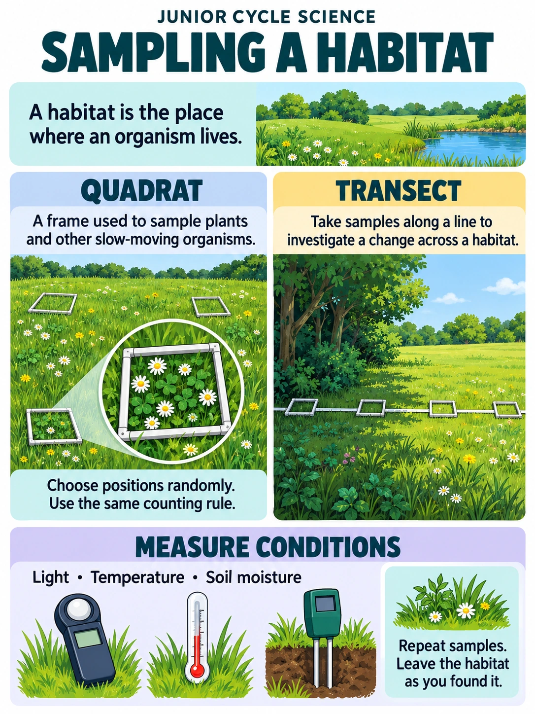 Sampling a habitat. A habitat is the place where an organism lives.