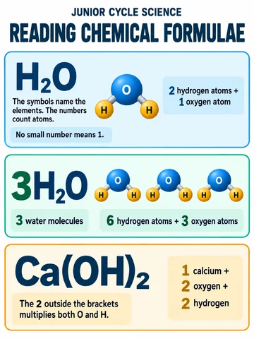 Reading chemical formulae. The symbols name the elements. The numbers count atoms.