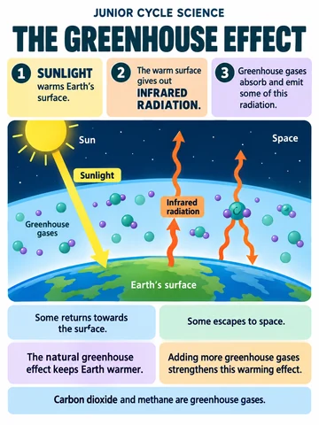 The greenhouse effect. 1. SUNLIGHT warms Earth’s surface.