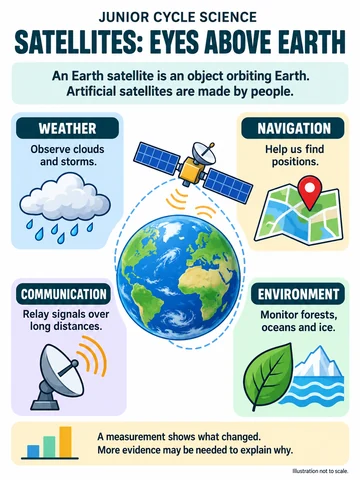 Satellites: eyes above Earth. An Earth satellite is an object orbiting Earth. Artificial satellites are made by people.