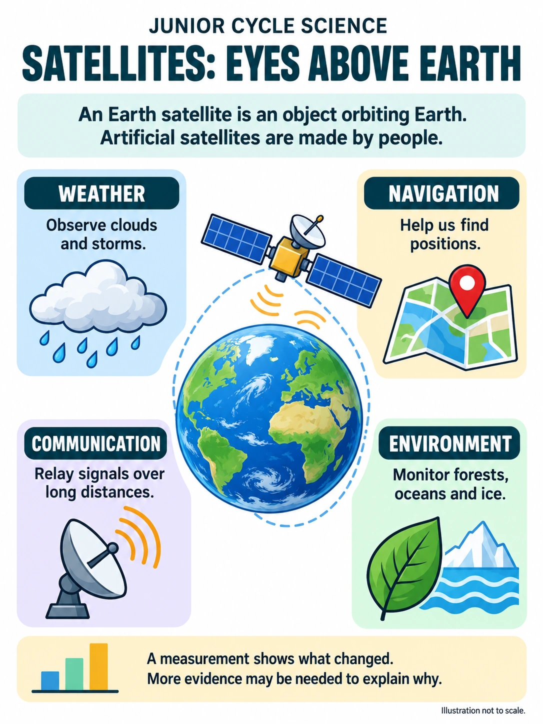 Satellites: eyes above Earth. An Earth satellite is an object orbiting Earth. Artificial satellites are made by people.