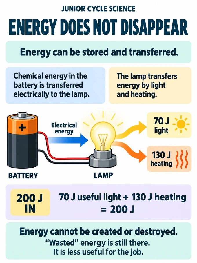Energy does not disappear. Energy can be stored and transferred.