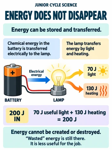 Energy does not disappear. Energy can be stored and transferred.