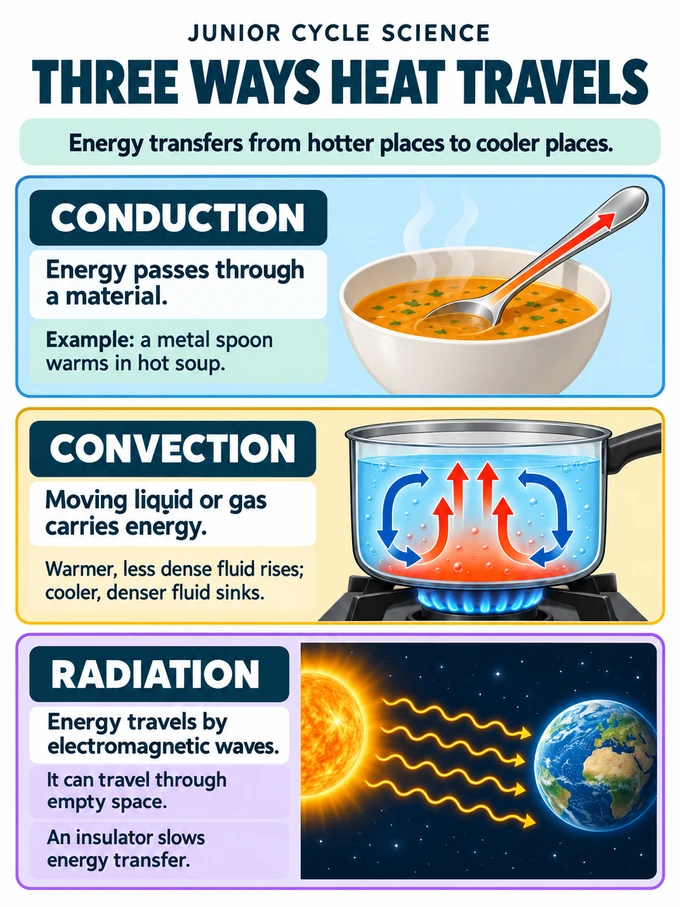 Three ways heat travels. Energy transfers from hotter places to cooler places.