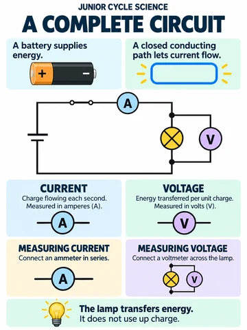 A complete circuit. A battery supplies energy.